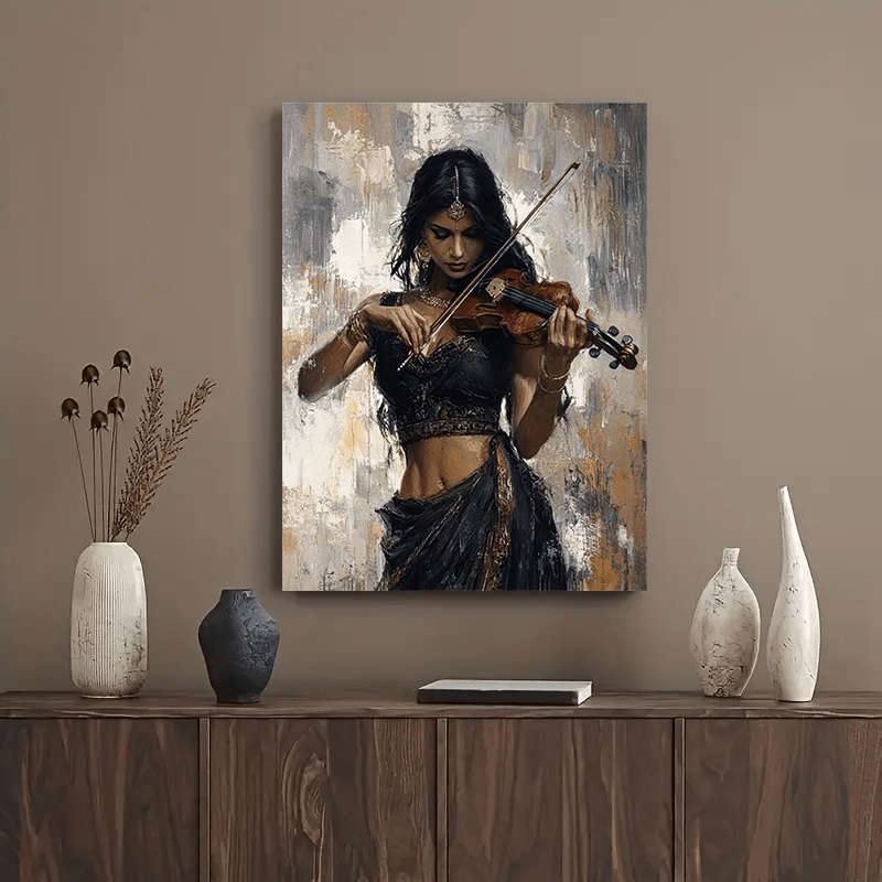 1pc  Graceful Violinist Printed Canvas Wall Art Portrait of a Woman in Black Traditional Attir