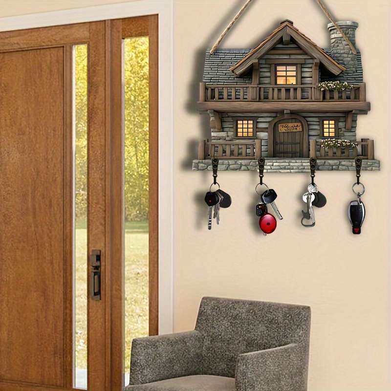 Charming Vintage Wooden Key Rack with 4 Metal HooksRustic Wall-Mounted Decorative Entryway Organi