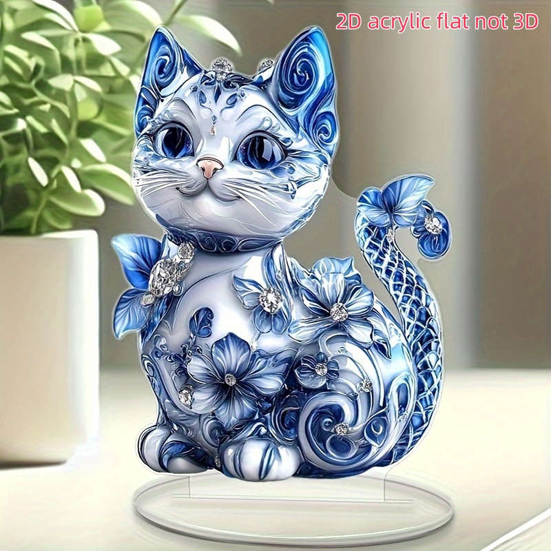 1pc 2D Flat   Bohemian-StylePrinted Acrylic Cat Figurine with Blue Floral Gemstone Ac