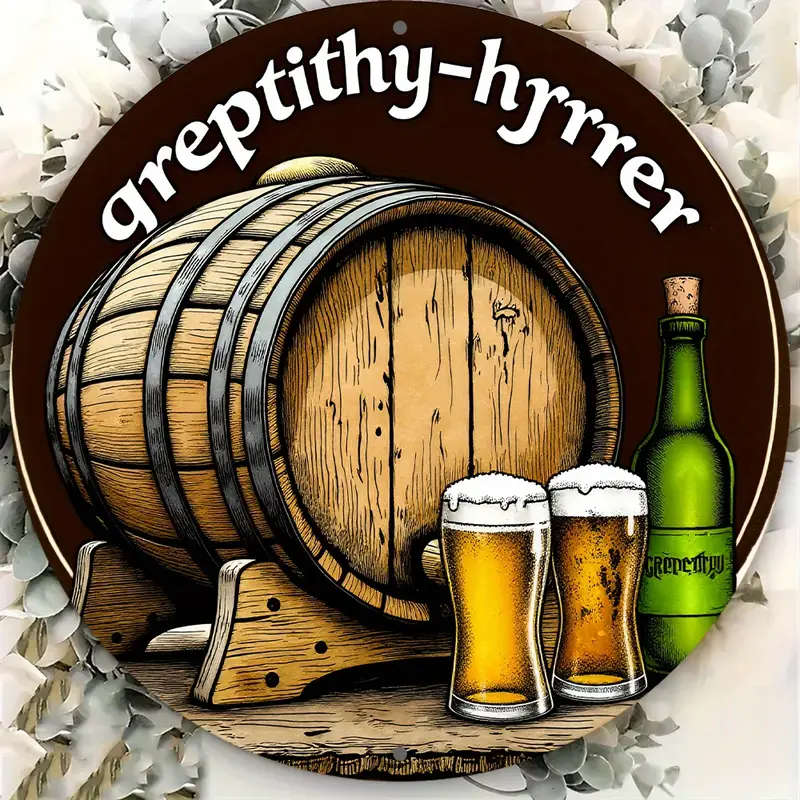1pc 8Inch Round Aluminum Sign with Wooden Barrel and Beer Glasses Design Ideal for Holiday Season Sp