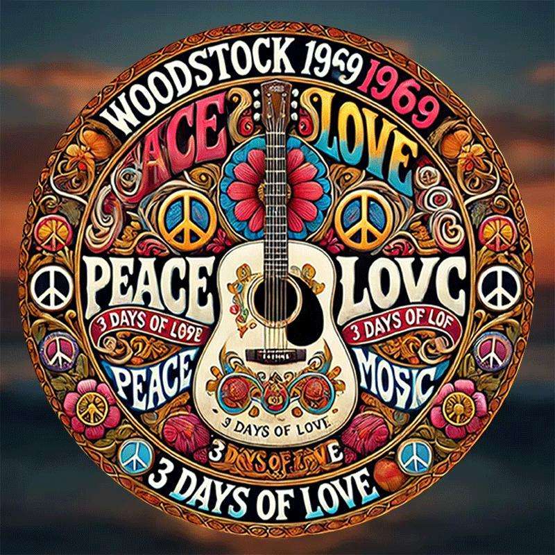 1pc 2D Plane  Woodstock 1969 Peace and Love 8-inch Metal Plaque Retro Iron Wall Art Classic