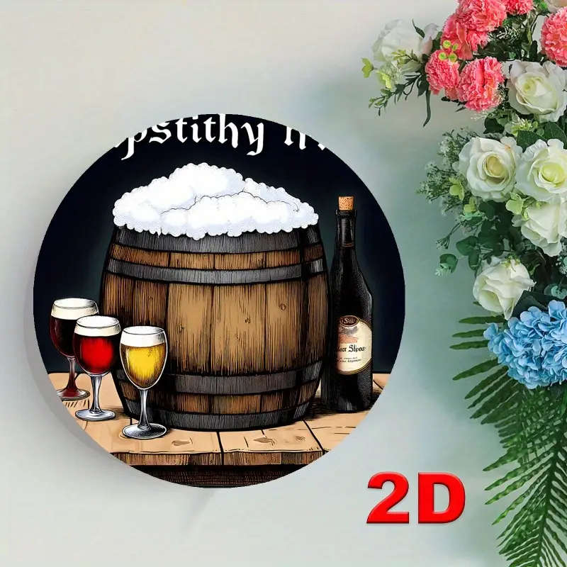 1pc Vintage Beer Barrel Scene Round Aluminum Sign 19.81cm Diameter Pre-Drilled Easy to Hang Durable