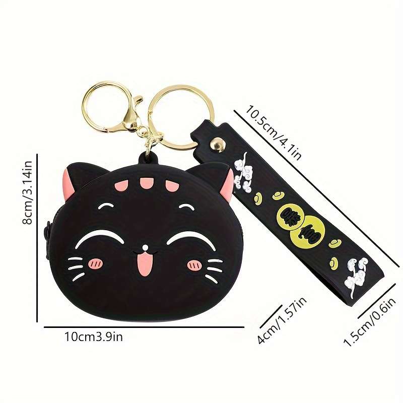 1pc Cute Black Cat Silicone Coin Purse with Keychain C Lightweight Zippered Pouch for Coins Ke