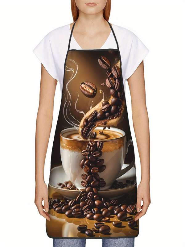 1pc Vintage-Inspired Coffee Bean Design Kitchen Apron 100% Polyester Hand-Washable Smooth Woven