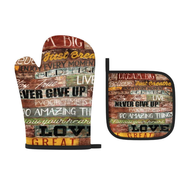 2pcs Vintage Bookshelf Oven Mitts Pot Holders Heat Resistant Red Brown Wooden Design with