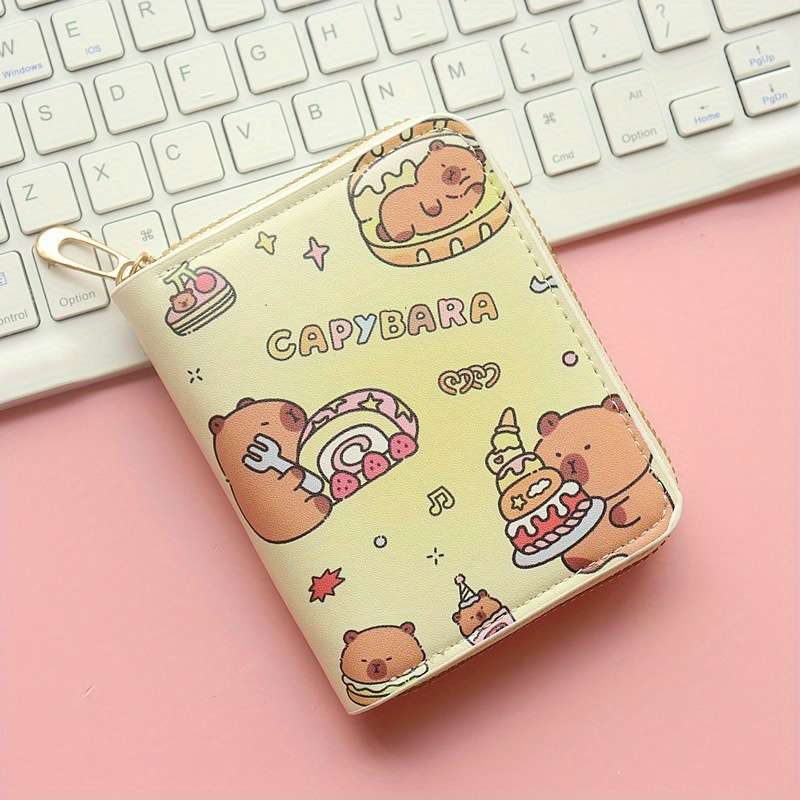 1pc Capybara Cartoon Compact Wallet for Women Cute Kawaii Design with ID Window Coin Pocket Hi