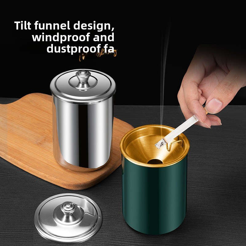 1pc Stainless Steel Home Living Room With Cover Ashtray Hotel Anti-fly Ash Drop-proof And Windproo