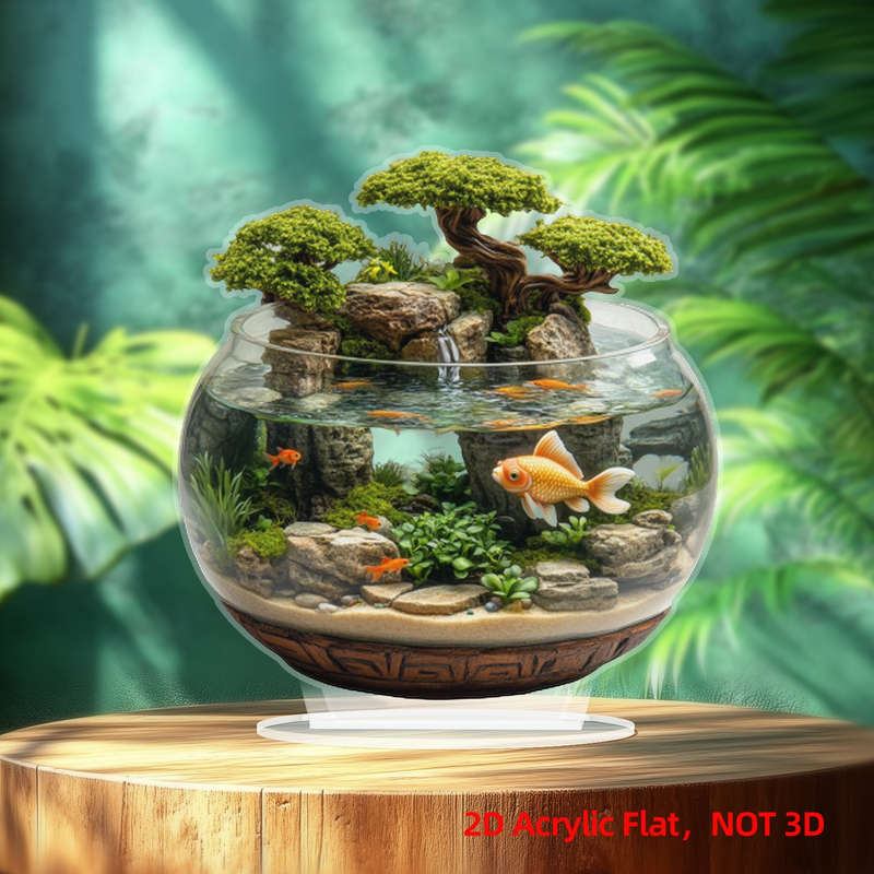 1pc 2D Flat  Acrylic Trim 8-Inch Glass Container with Golden Fish and Artificial Mountain Landscape