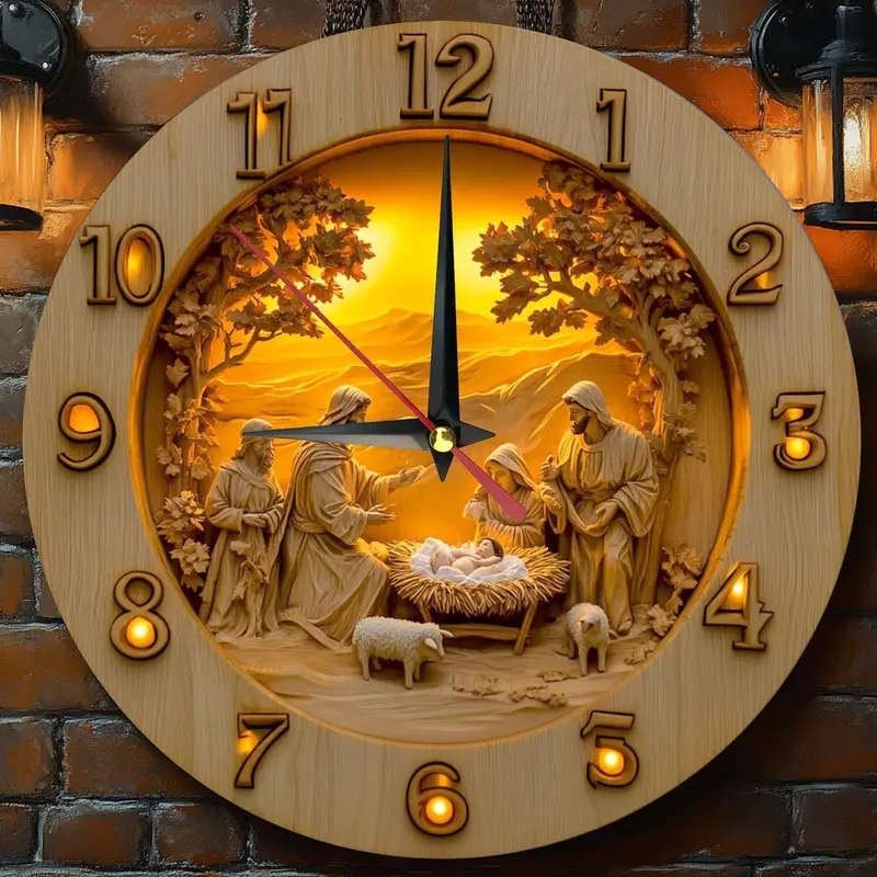 1pc 2D Vintage Wooden Round Wall Clock Featuring a Nativity Scene Designed in a Cottage Style for Ho