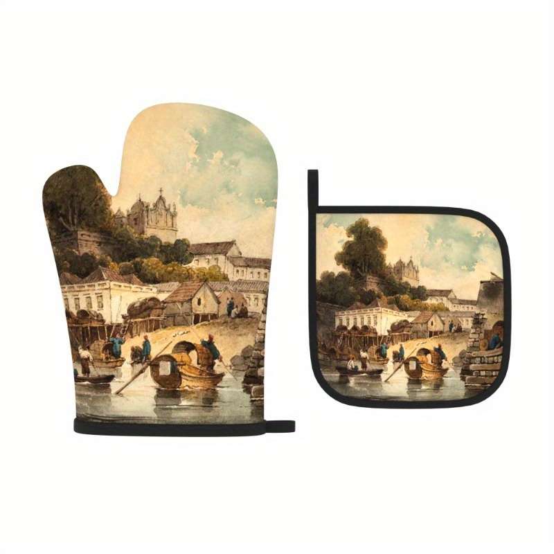 2pcs Heat-Resistant Oven Mitts with Charming Small Town Life Design 26.92x17.02 cm Polyester