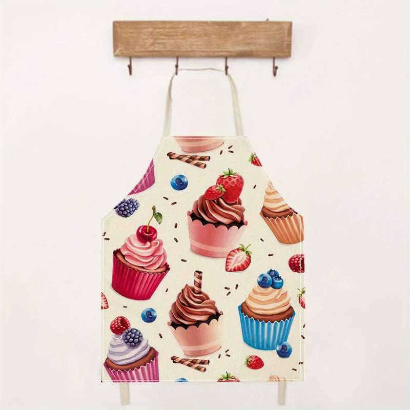 1pc Linen Apron with Cupcake Berry Print Easy-Clean Kitchen Cooking Baking Apron for Home