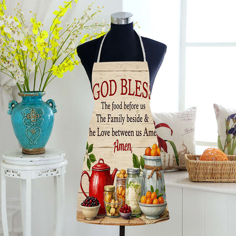 1pc Linen Kitchen Apron with Vintage Food Print "God Bless Our Family" Design Easy-Clean Co