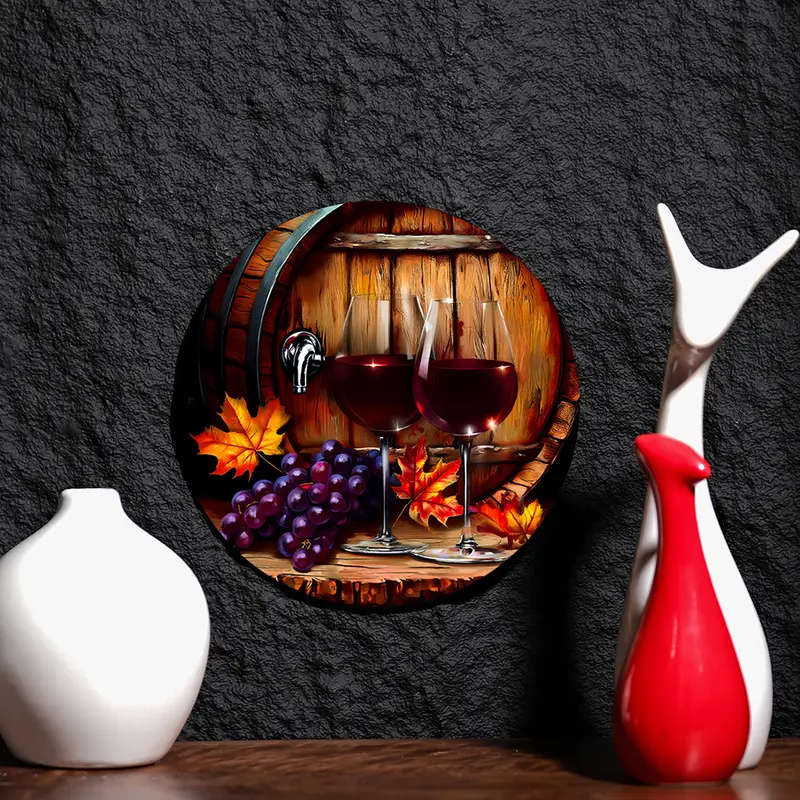 1pc Grapes and Red Wine Theme Decorative Painting Theme Round Aluminum Sign Wall Art Diameter 18.46c