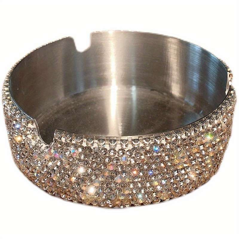 1pc Luxurious Stainless Steel Rhinestone Ashtray with Sparkling Red Blue Rims C Round Design