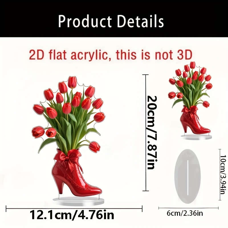 1pc 2D Flat   Classic Red High Heels Tulip Acrylic Desktop Decor Romantic  Design Perfect