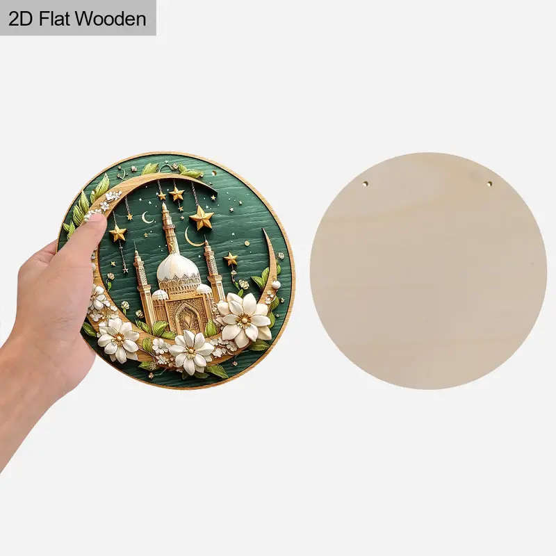 1pc Elegant Ramadan Blessing Wooden Wall Hanging White Blooming Flowers Golden Crescent Moon Design