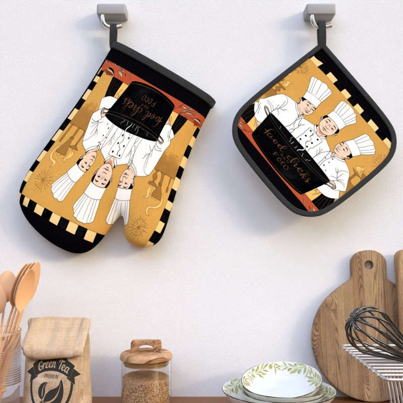 2pcs Chef-Themed Oven Mitts Pot Holders Heat-Resistant Durable Polyester Machine Washable