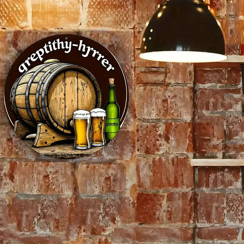 1pc 8Inch Round Aluminum Sign with Wooden Barrel and Beer Glasses Design Ideal for Holiday Season Sp