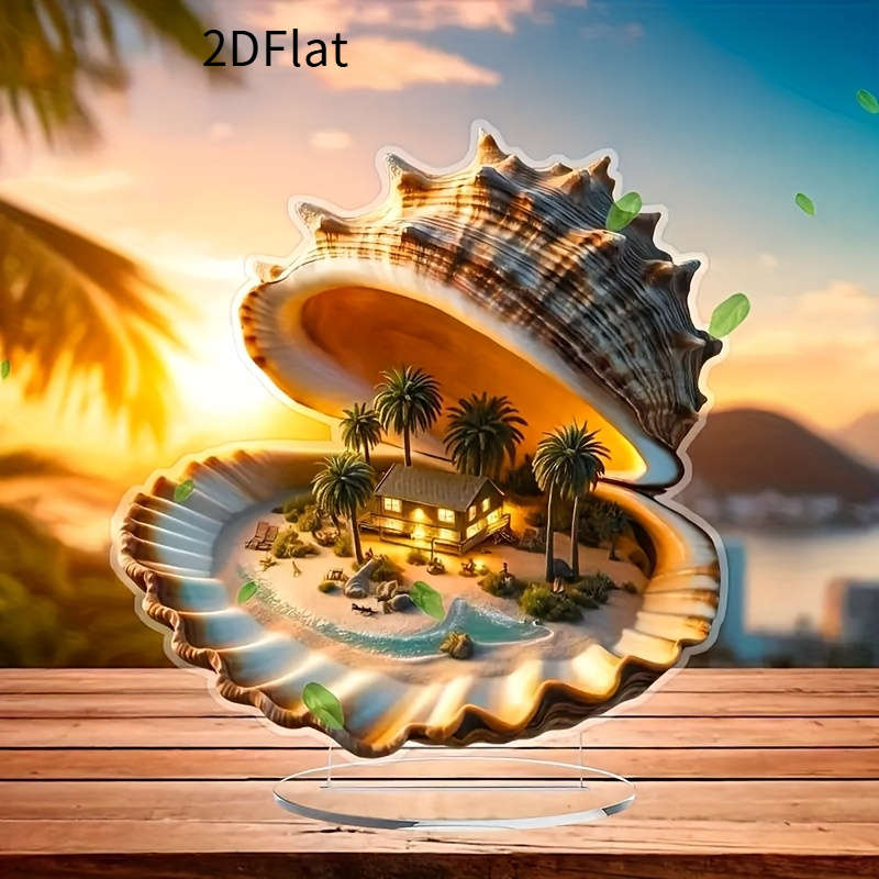 1pc 2D Flat  Acrylic Shell House with Palm Tree Accents Tropical Beach Theme Home Decor Coastal A