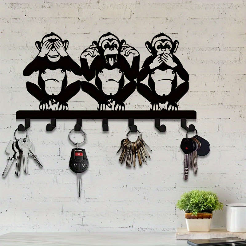 Charming Three Monkeys Metal Wall Art with Key HookEasy to Install Suitable for Jacket