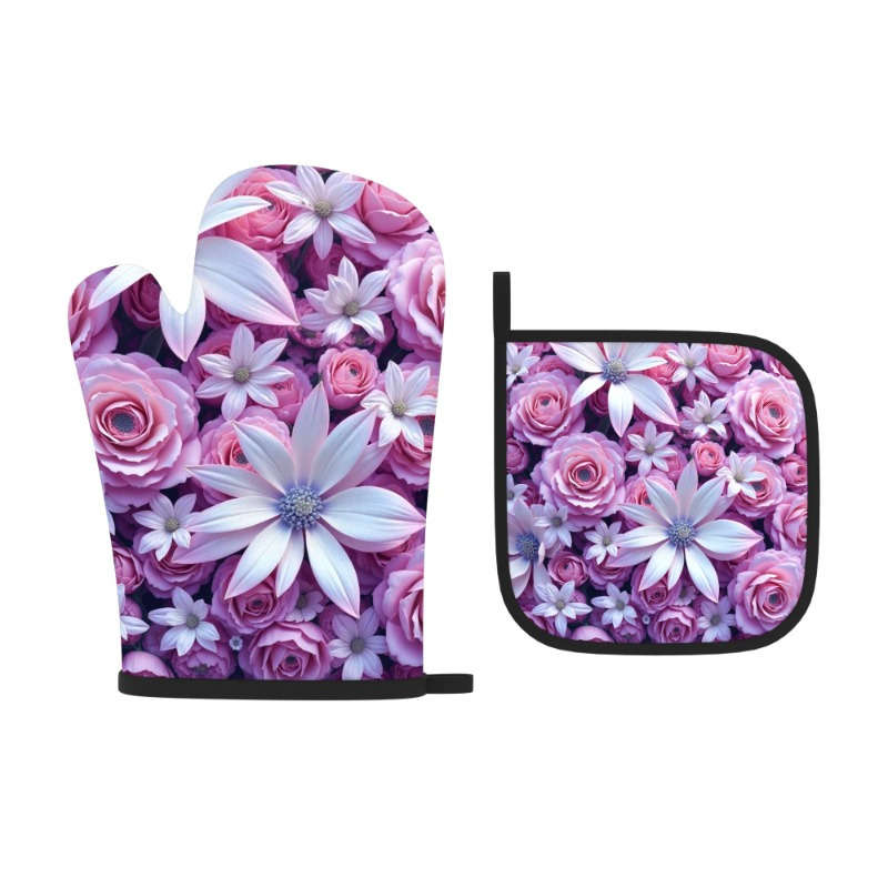 2pcs 26.92x17.02 cm Heat Resistant Oven Mitts and Potholders Beautiful Purple Flowers Oven Mitt