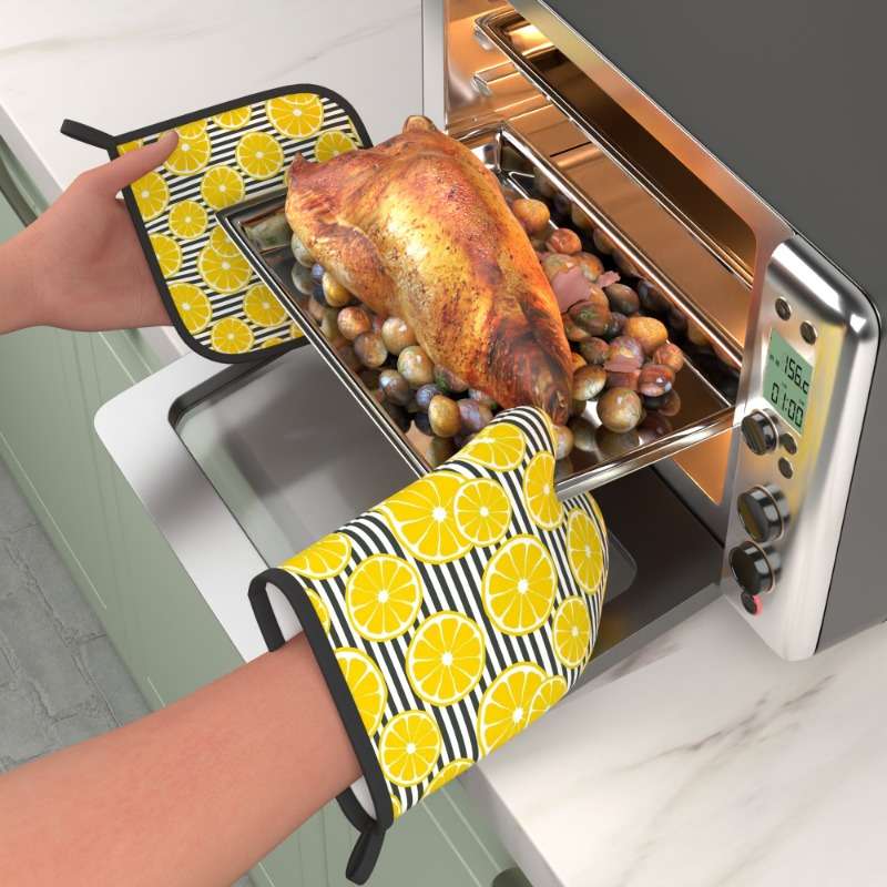 2pcs Lemon Print Oven Mitts Heat Resistant Kitchen Gloves with Black White Striped Design