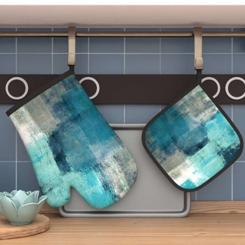 2pcs Heat-Resistant Oven Mitts Pot Holders 26.92x17.02 cm Blurred Blue White Pattern Dur