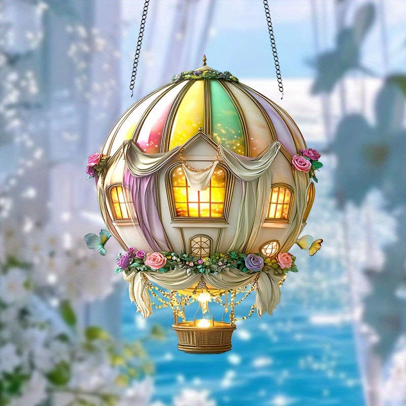 1pc 2D Flat   Acrylic Whimsical Hot Air Balloon Sun Catcher 15.24cm x 20.32cm Colorful Floral Theme