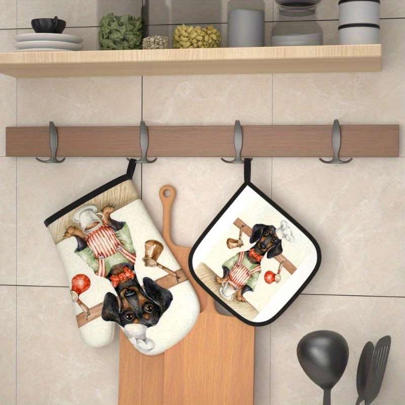 2pcs Cute Dog Chef Cartoon Oven Mitts and Pot Holders Heat Resistant Polyester Machine Wash