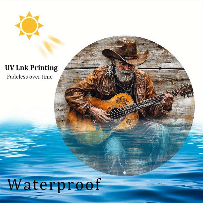 1pc  Rustic Guitar Player Metal Sign Vintage Denim Guitar Wall Art Waterproof HD Print Pre