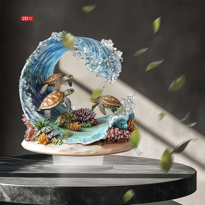 1pc 2D Flat  Bohemian Style Crystal Sea Turtle Wave Decor Plaque Vibrant Oceanic Scene with Color
