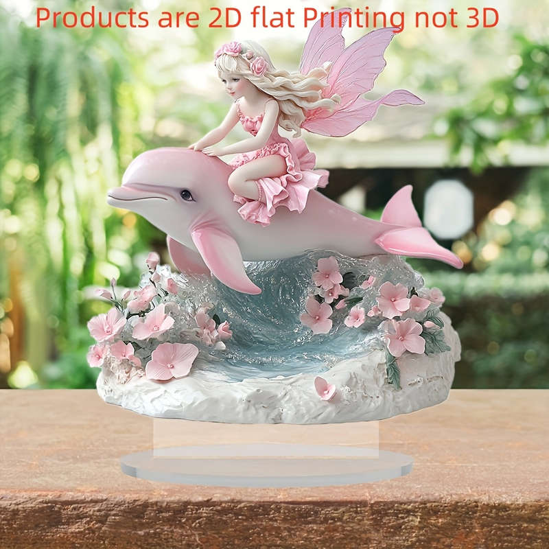 1pc 2D Flat  Bohemian Style Crystal Dolphin and Fairy Statue Enchanting Water Scene