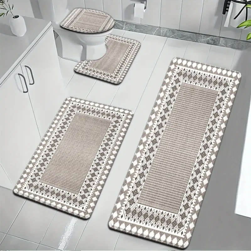 4-Piece Nordic Peach Diamond Check Bathroom Mat Set