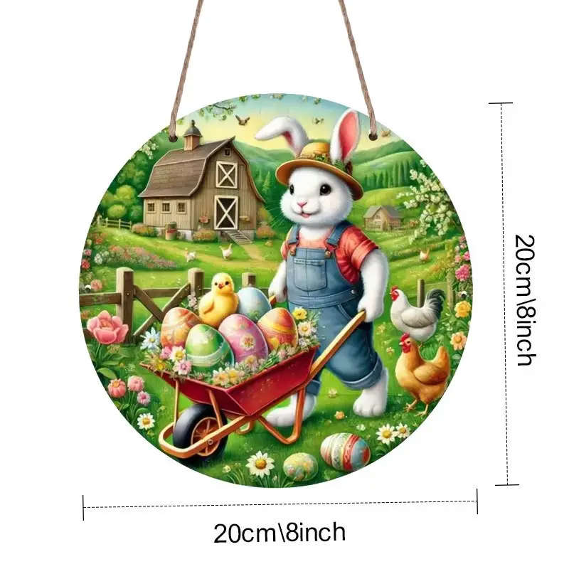 1pc Easter Bunny Delivery Theme Round Wooden Sign 2D Flat Printed Wall Hanging Plaque for Home Kitch