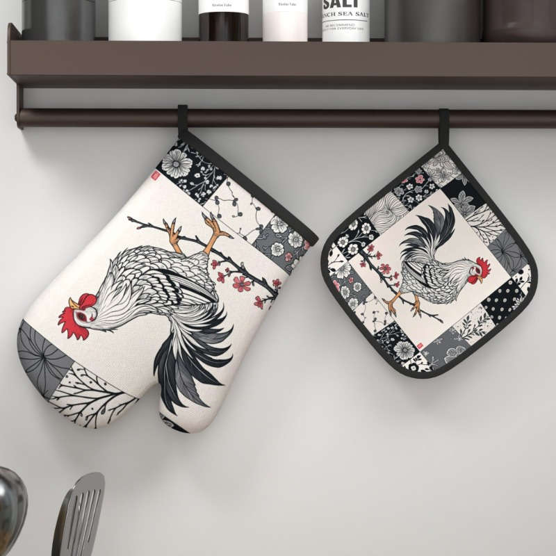 2pcs Rooster Plum Blossom Heat-Resistant Oven Mitts Floral Chinese Design 26.92x17.02 cm