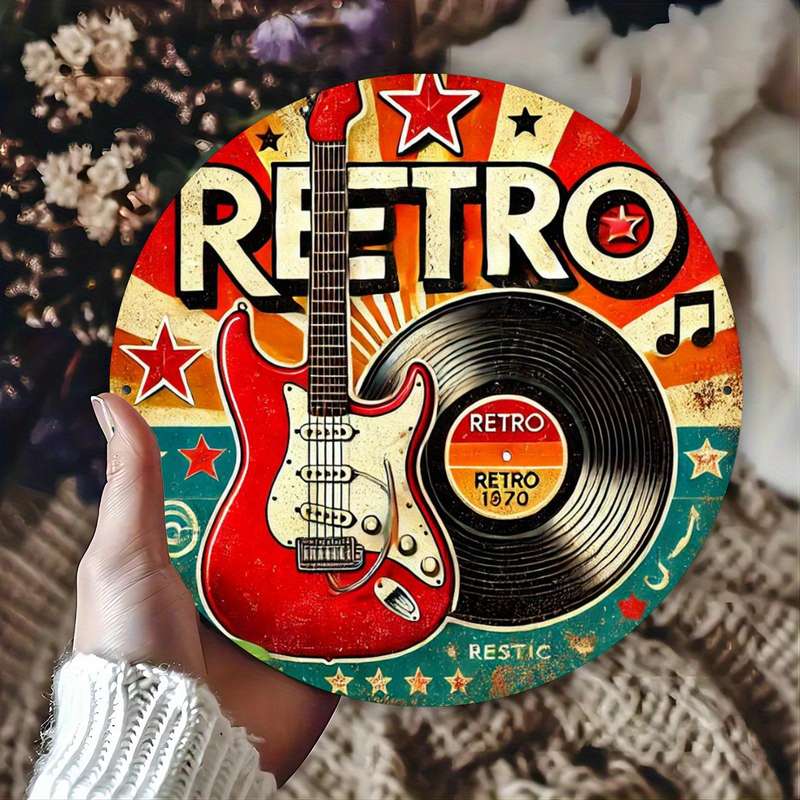1pc Vintage Guitar and Vinyl Record Design 19.81 cm Round Iron Wreath Sign Vintage Style Wall Dec