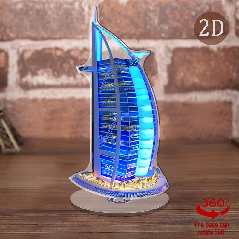 1pc 2D Flat    Acrylic Burj Al Arab Figurine with Rotating Base Modern Home Office Desktop