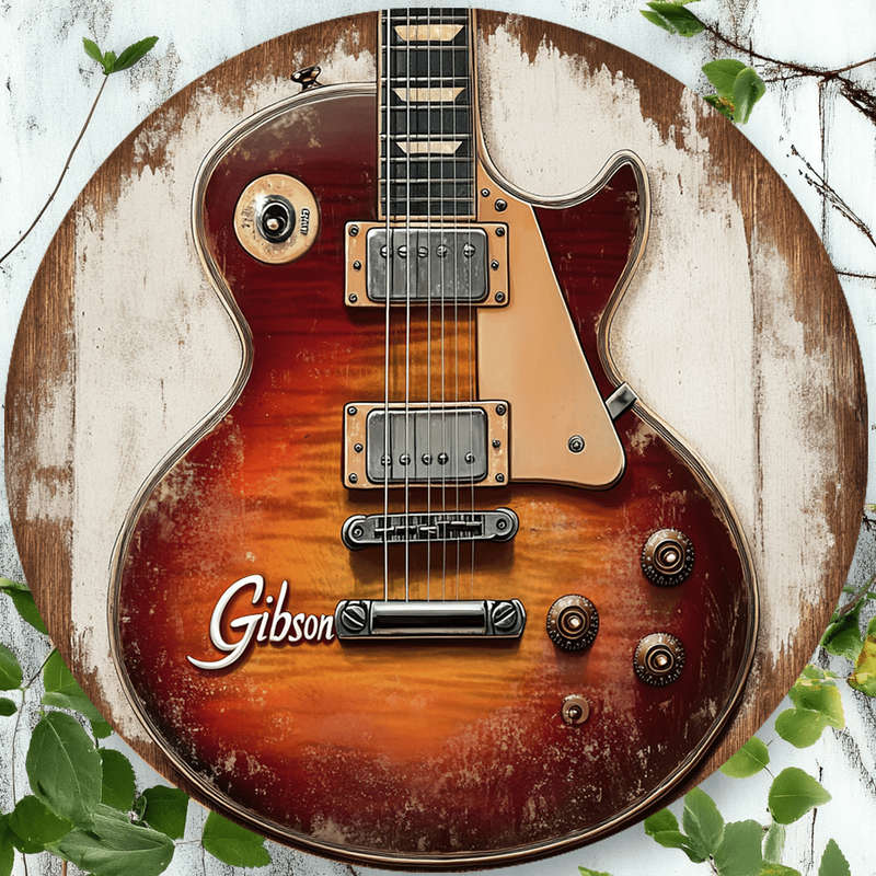 1pc Vintage Gibson Guitar Aluminum Wall Art Sign 19.81x19.81 cm Round Metal Decor with Distressed