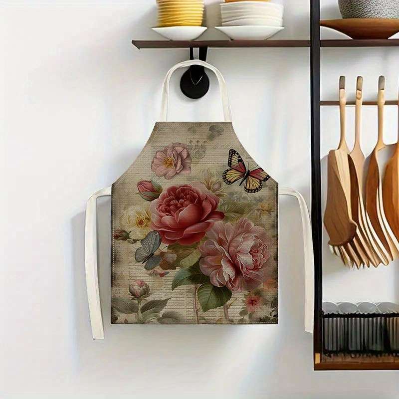 1pc Floral Print Linen Apron Stylish Vintage Rose Design Lightweight Breathable for Cookin