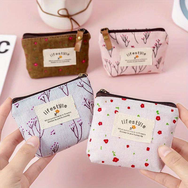 1pc Chic Floral Canvas Coin Purse Key Pouch Compact Zippered Wallet with Earphone Storage Ligh