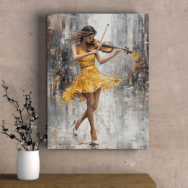 1pc  Dynamic Violin Playing Lady Canvas Art Energetic Performance in Yellow Dress a Beaut