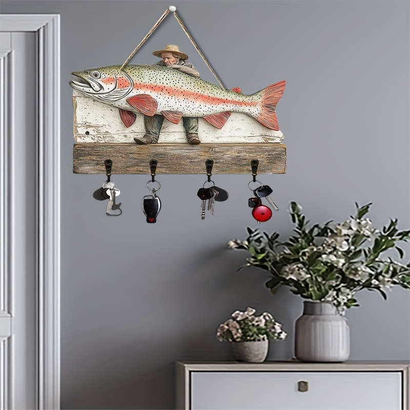 1 Piece2Dflat Fisherman and Rainbow Trout Wooden Signs Simple Colored Wooden and Home Keychain wi