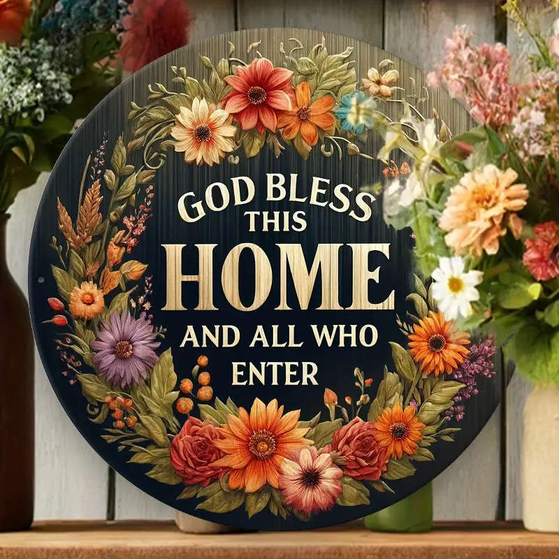 1pc Rustic Fiberboard Circular Sign 7.04x7.04 God Bless This Home Wreath Design Welcome Wall Art for