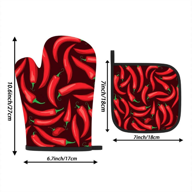 2pcs Red Chili Pepper Oven Mitts Woven Polyester Potholders Heat-Resistant up to 500F Machi