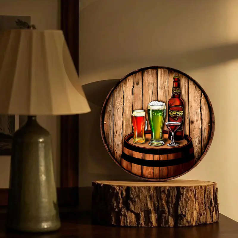 1pc Vintage Pub-Themed 20.32x20.32cm Round Aluminum Sign Rustic Beer Barrel Scene Wall Art Durable M