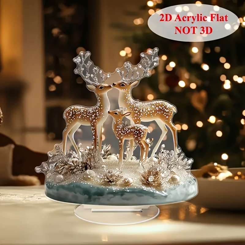1pc 2D Flat  Elegant  Acrylic Deer Figurines Set of 3 Golden Glittery Antler Design Blue Go