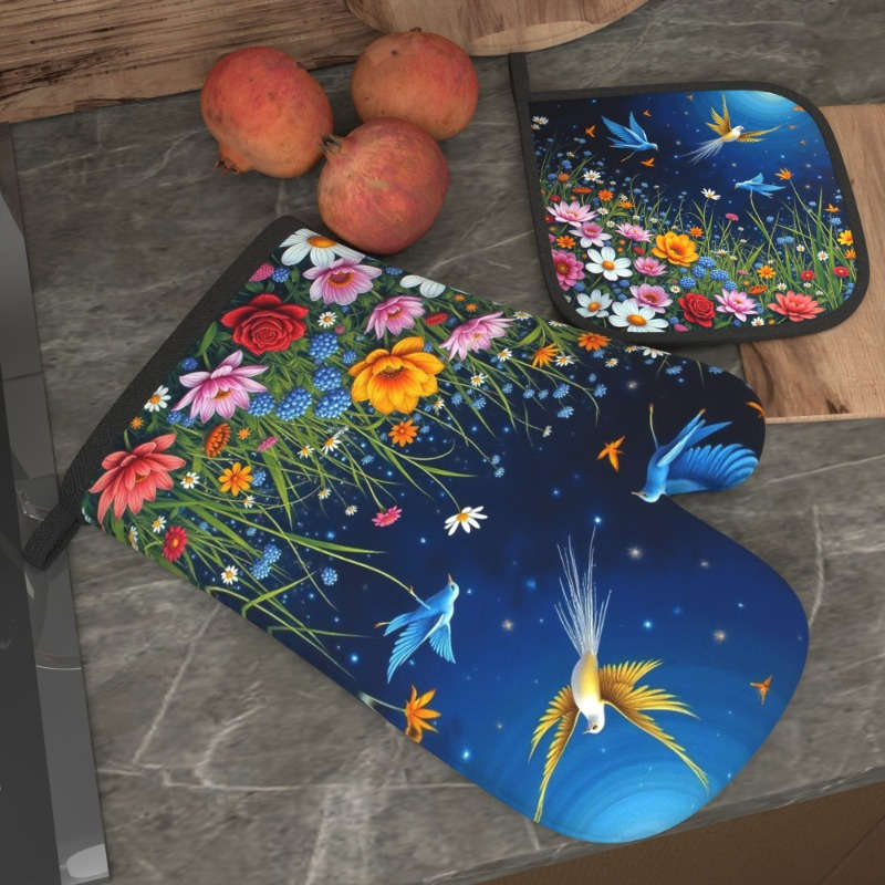 2pcs Set Colorful Floral Bird Design Polyester Oven Mitts and Potholders Heat Resistant Mac