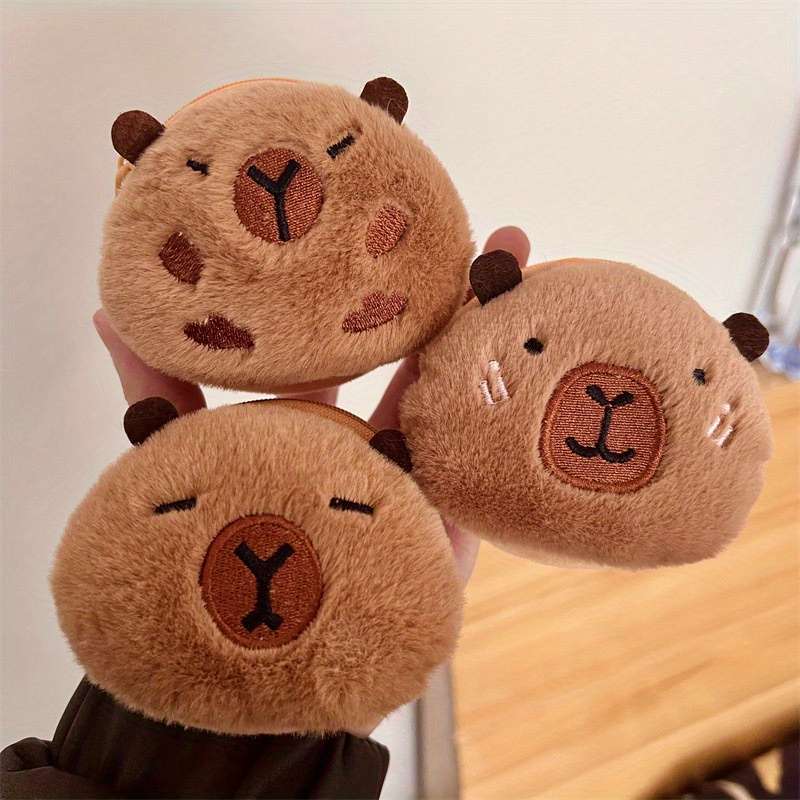 1pc Cute Capybara Round Plush Coin Purse with Keychain Adorable Brown Faux Fur Keychain Wallet P