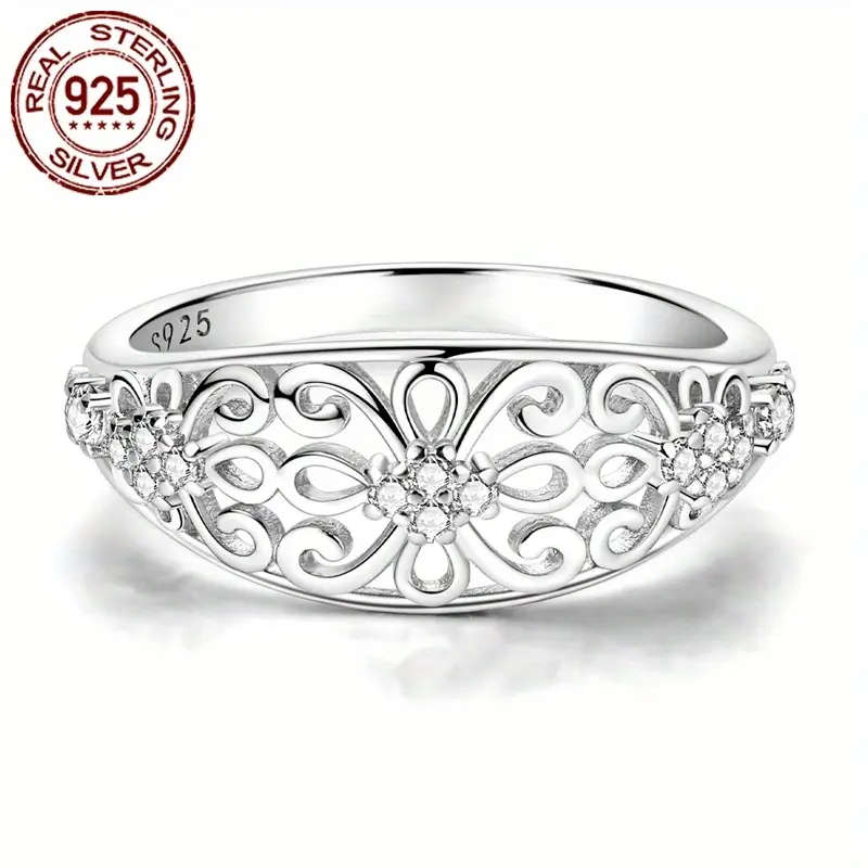 925 Sterling Silver Vintage Hollow Flower Pattern Inlay Zirconia Ring