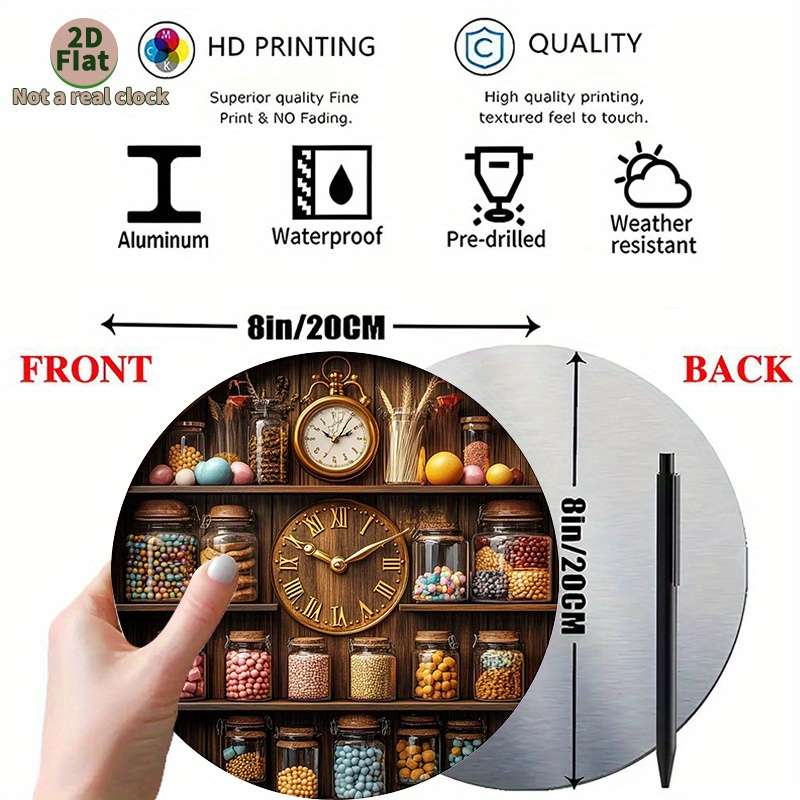 1pc 2D Flat Vintage Kitchen Wall Clock with Wooden Shelf Glass Jar Display 2D Flat Not real clock